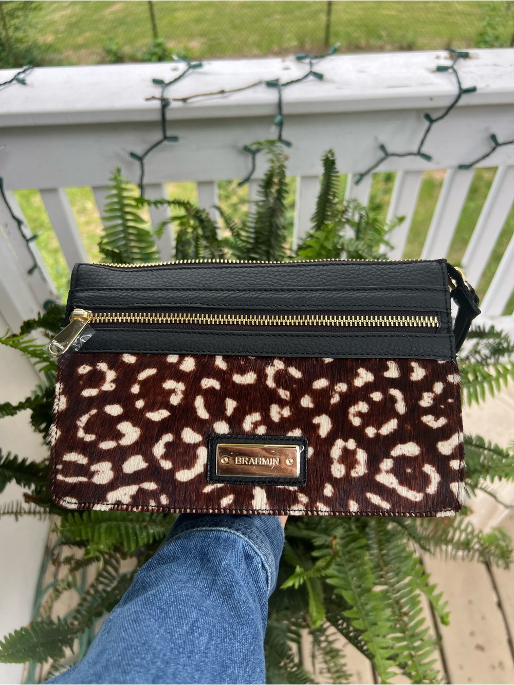 Brahmin Black Leather & Brown Leopard Calf Hair Clutch - Picture 2 of 8